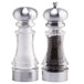 A clear Chef Specialties Lehigh pepper mill and salt shaker set.