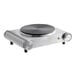 An Avantco single burner portable electric hot plate with a stainless steel surface and black knob.