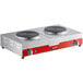 An Avantco stainless steel double burner portable electric hot plate on a counter.