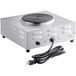 An Avantco portable electric hot plate with a stainless steel solid top and a black cord.