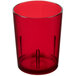 A close-up of a red Cambro plastic tumbler with black lines.