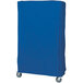 A blue nylon cover with a zippered closure for a rectangular shelving cart.