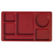 A red rectangular Cambro serving tray with six compartments.