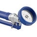 A blue and silver Waterloo hand held sprayer with a coiled hose and add-on faucet.