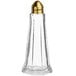 A clear glass salt shaker with a gold top.