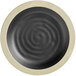 A black melamine plate with a medium ivory swirl design on the rim.
