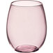 An Acopa stemless wine glass with a mauve rim filled with pink liquid.