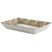 A white rectangular GET Melamine tray with a brown mosaic swirl design.