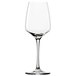 A clear Stolzle white wine glass with a long stem.
