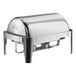 An Acopa Supreme stainless steel roll top chafer with chrome accents and legs.