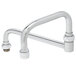 A T&S chrome double joint swing faucet nozzle on a white background.