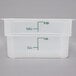 A Cambro translucent plastic square food storage container with measurements on the side.
