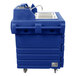 A navy blue Cambro CamKiosk portable self-contained hand sink cart with two sinks and a faucet.