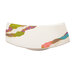 A white rectangular melamine plate with a colorful contemporary design on it.