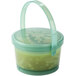 A jade green plastic handle for a soup container.