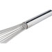 A stainless steel conical whisk with a handle.