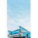 The white menu paper cover features a painting of a blue retro car with a blue tail.