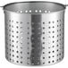 A silver steamer basket with holes.