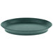 A green oval deli server with a short base.
