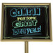 A black Aarco sign with writing on it that says "Come for some great deli" on a counter.