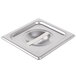 A Vollrath stainless steel steam table pan cover with a white handle.