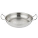 A close-up of a Vollrath stainless steel pan with silver handles.