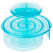 A blue plastic container with a lid containing blue liquid.