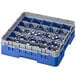 A blue and gray plastic Cambro glass rack with 25 compartments.