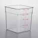 A clear square Cambro CamSquares food storage container with red measurements on the side.
