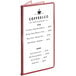 A burgundy 6-view three pocket menu cover holding a restaurant menu with a price.
