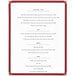 A burgundy menu cover with white text on a white background.