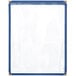 A white and blue plastic menu cover with a gold frame and two pockets.