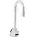A silver T&S wall mounted faucet with a long, rigid gooseneck spout and a chrome handle.