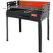 A black Omcan charcoal grill with a red rack on top.