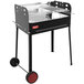 An Omcan black steel barbecue grill with wheels.