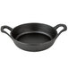 An American Metalcraft pre-seasoned black cast iron round casserole dish with two handles.