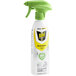 A white SC Johnson Raid Essentials spray bottle with a yellow label and green handle.