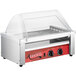 An Avantco hot dog roller grill with a clear cover over the hot dogs.