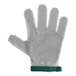 A close-up of a Schraf stainless steel mesh cut-resistant glove with a green band.