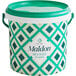 A green and white Maldon Sea Salt bucket with a lid.