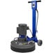 An Onfloor blue and black floor grinder with wheels and a blue handle.