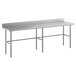 A Regency stainless steel open base work table with a long metal top.