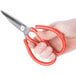 A hand holding Thunder Group nickel-plated steel fish shears with red handles.