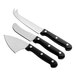 A group of Acopa stainless steel cheese knives with black handles.