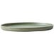 A close up of a Oneida Moira Smoky Basil stoneware plate with a rim.