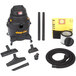 A black Shop-Vac wet / dry vacuum with yellow filter bag and accessories.