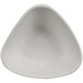 A white triangle shaped bowl with a small hole in the middle.