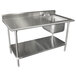 A stainless steel sink and shelf on a stainless steel work table.
