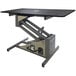 A black hydraulic grooming table with a metal frame.