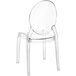 A 4 pack of Flash Furniture clear resin stackable banquet chairs with round backs.
